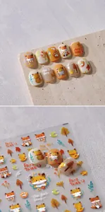 Detailed 3D embossed fox nail stickers with gold glitter and autumn forest elements