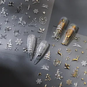 3D Embossed Christmas Nail Art Stickers Metallic Snowflake Reindeer Christmas Tree Bow Star DIY Manicure Decals For Women Holiday Decoration