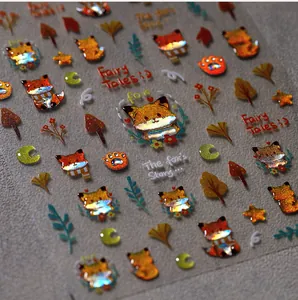 Detailed macro of laser fox fairy tale 3D nail art stickers with glitter finish