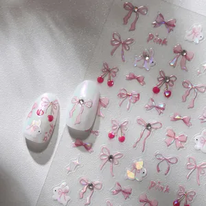 Laser glitter pink bow and rabbit nail art stickers set with cherry and cloud patterns
