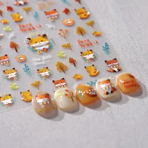 Autumn fox 3D relief nail art stickers with laser metallic leaf and mushroom patterns
