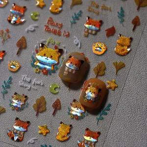 Holographic 3D fox fairy tale nail art stickers with laser orange autumn leaf designs