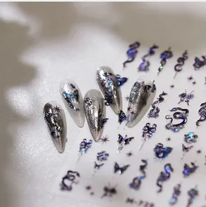 Macro detail of laser 3D nail art stickers with snake and rose motifs in dark style