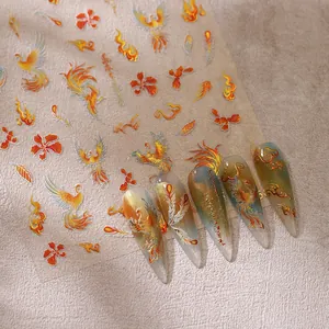 Gouden feniks en vlam 3D-nagelstickers met traditionele oosterse bloemmotieven