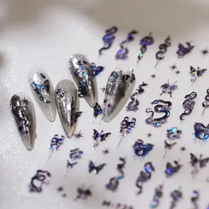 Dark Gothic Holographic Nail Art Stickers Snake Butterfly Rose Laser Embossed 3D Nail Decals For Women DIY Manicure