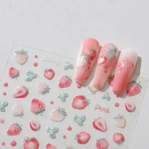Stickers à ongles 5D fraise en relief avec motifs baies rouges et textures feuilles 3D