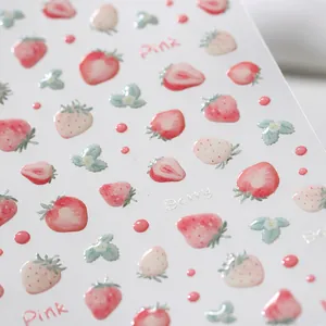 Stickers à ongles 3D en relief avec motifs de fraises roses pour décoration DIY