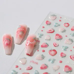 Autocollants nail art fraise en relief 3D avec motifs de baies roses pour manucure