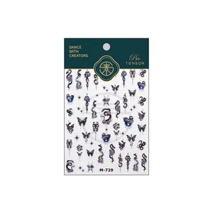 Holographic dark snake and butterfly nail stickers set with M-729 embossed patterns