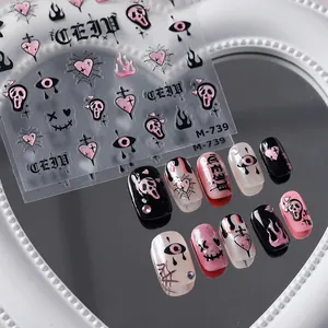 Autocollants à Ongles Gothiques Rose Noir M739 Relief Cœur Squelette Toile d'araignée Laser Holographique pour Halloween Femme