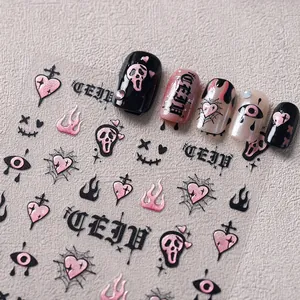 Stickers nail art gothiques avec motifs de cœurs noirs et roses, ghostface et flammes
