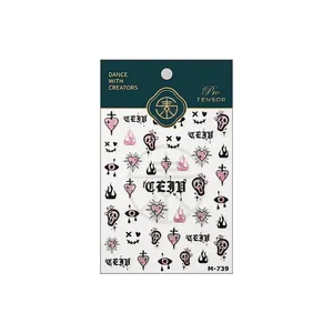 Stickers ongles sombres M-739 avec cœurs roses, têtes de mort et motifs araignées