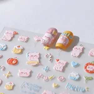 5D embossed nail stickers with cute pink pigs and dessert patterns for manicure