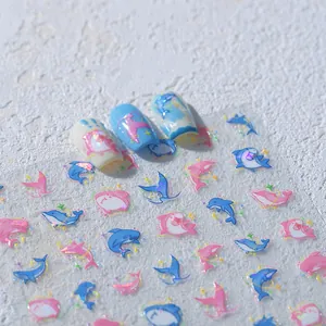 3D embossed sea animal nail art stickers with cute pink blue sharks and dolphins