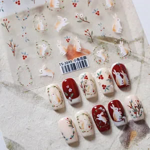 Autocollants pour Ongles 3D Joli Lapin Jardin Floral Baies Autocollants Décoration Nail Art DIY pour Femmes