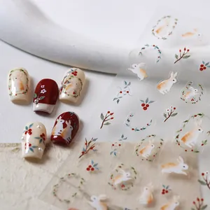 Autocollants 3D mignons de jardin de lapins avec motifs floraux pour décoration de manucure