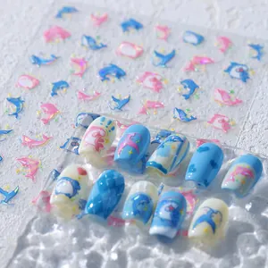 Luxury blue dolphin nail art stickers with glitter laser design and finished ocean style nails