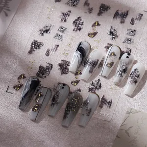 New Chinese Style Ink Wash Calligraphy 3D Relief Nail Art Stickers Gold Bronzing Embossed Self Adhesive Decals For Women