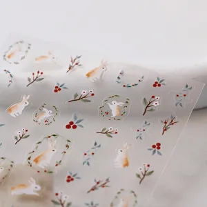 Autocollants à ongles transparents avec motifs de lapins à l'aquarelle et jardin fleuri