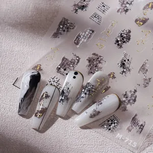 Stereo relief nail stickers M-715 with ink wash style and gold calligraphy designs