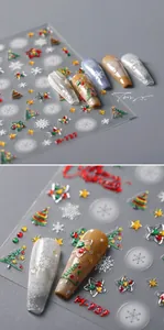 Stickers ongles Noël 3D en relief avec étoiles argentées et motifs de sapins festifs