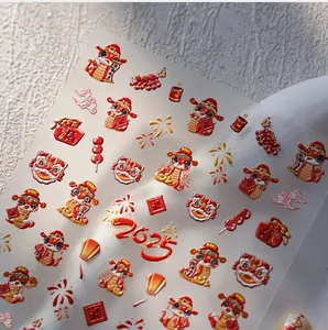 3D embossed nail stickers featuring 2025 Snake Year festive patterns and lion dance
