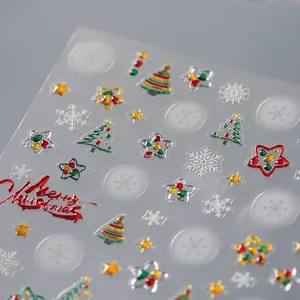 Stickers à ongles 3D de Noël avec motifs de flocons et de sapins dorés métallisés
