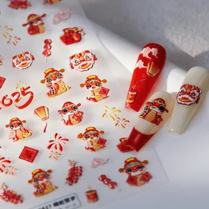 3D embossed red snake nail art stickers with lion dance and festive gold patterns