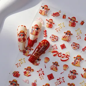 2025 Year of the Snake nail art stickers with cute cartoon snakes and festive red patterns