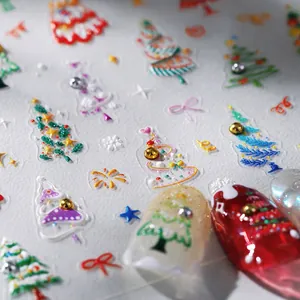 3D Christmas tree nail stickers with embossed relief and festive metallic beads