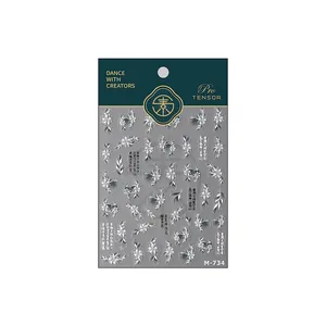 Elegant Chinese style nail stickers with white flower and calligraphy patterns M-734