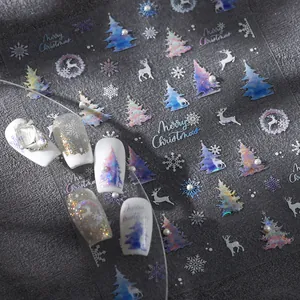 Christmas 5D Embossed Nail Art Stickers Holographic Laser Reindeer Snowflake Tree With Faux Artificial Pearl Self-Adhesive Decals
