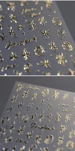 Dettaglio di adesivi per unghie 5D dorati in rilievo con farfalle e fiori in 3D