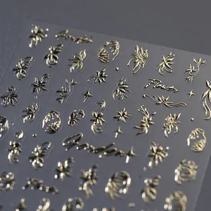 Adesivi per Unghie in Foglia di Metallo Dorato in Rilievo 3D Motivo Floreale Lettere da Giardino Decalcomanie Autoadesive per Manicure
