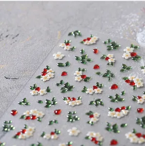 Detail of 3D embossed nail stickers featuring red strawberries and white flowers