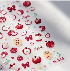 Detail of M-813 3D embossed nail stickers with red bows and cute apple patterns