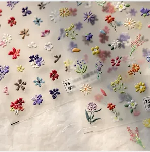 Macro shot of 3D embossed floral nail stickers TS-3665 with colorful relief texture