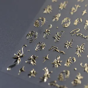 Adesivi per nail art 3D a rilievo in oro metallizzato con motivi floreali da giardino