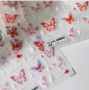 Close-up of 3D embossed butterfly nail art stickers with iridescent patterns TS-3661