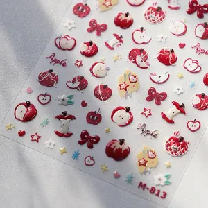3D cute apple nail stickers M-813 with red bows and white flowers for nail art