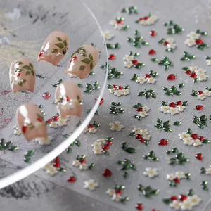 3D white floral and red berry embossed nail art stickers with glossy resin finish