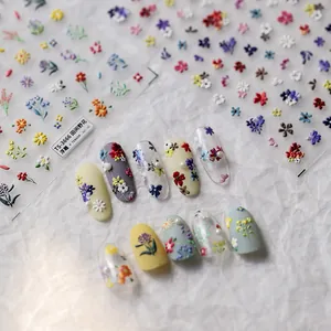 3D Embossed Floral Nail Stickers with Wildflower Designs and Pearlescent Texture