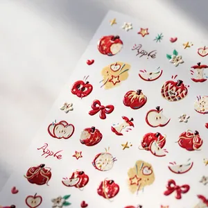 3D relief nail stickers with red apple, golden star, and cute bow patterns for girls
