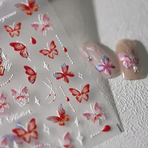 5D stereoscopic butterfly nail art stickers with vibrant red and pink 3D relief designs