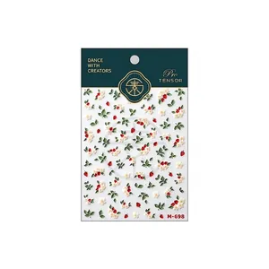 Embossed white flower and red strawberry nail stickers with M-698 model branding