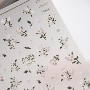 Adhesive embossed pink flower and green leaf nail art stickers on sheet MN-379