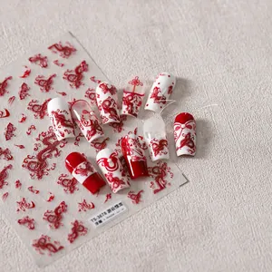 Macro detail of red embossed Chinese dragon nail stickers with 3D texture TS-3678