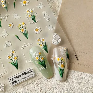 5D embossed narcissus and butterfly nail art stickers with delicate lace patterns