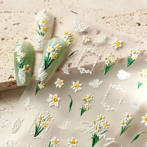 5D embossed nail stickers featuring spring flowers, white lace and butterfly patterns