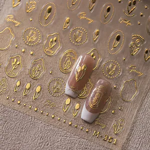 3D embossed golden tulip nail art stickers M-351 with spring floral metallic design